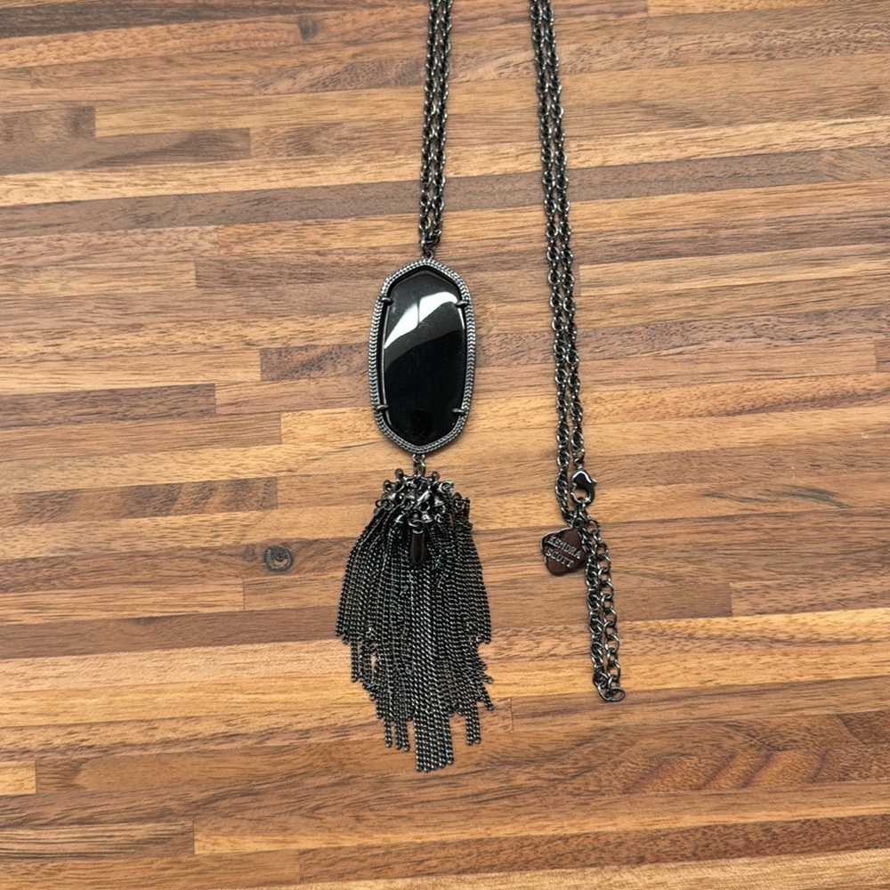 NEW Kendra Scott Rayne Tassel Necklace Black Onyx Gunmetal